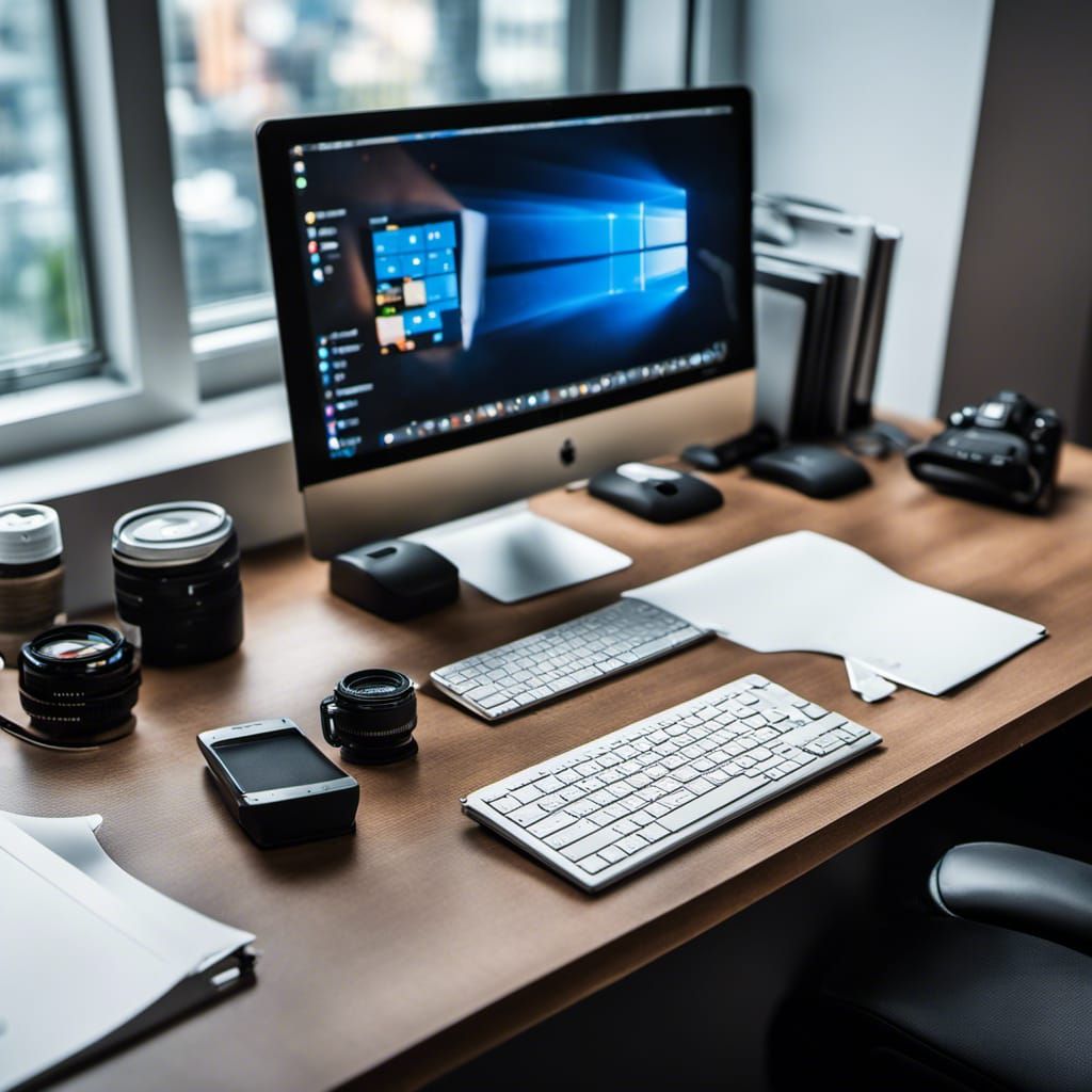 Overhead View of Desk With Computer, Professional Photograph...