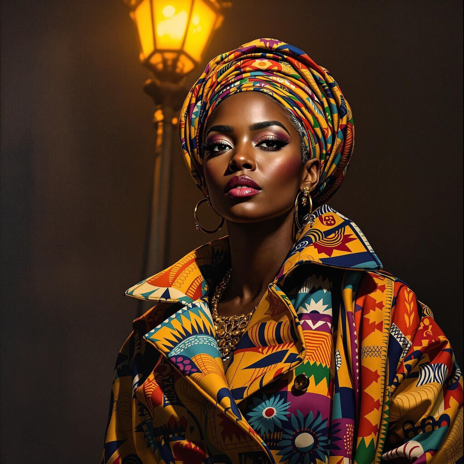 A Regal African Goddess in Vibrant, Intricately Patterned Ro...
