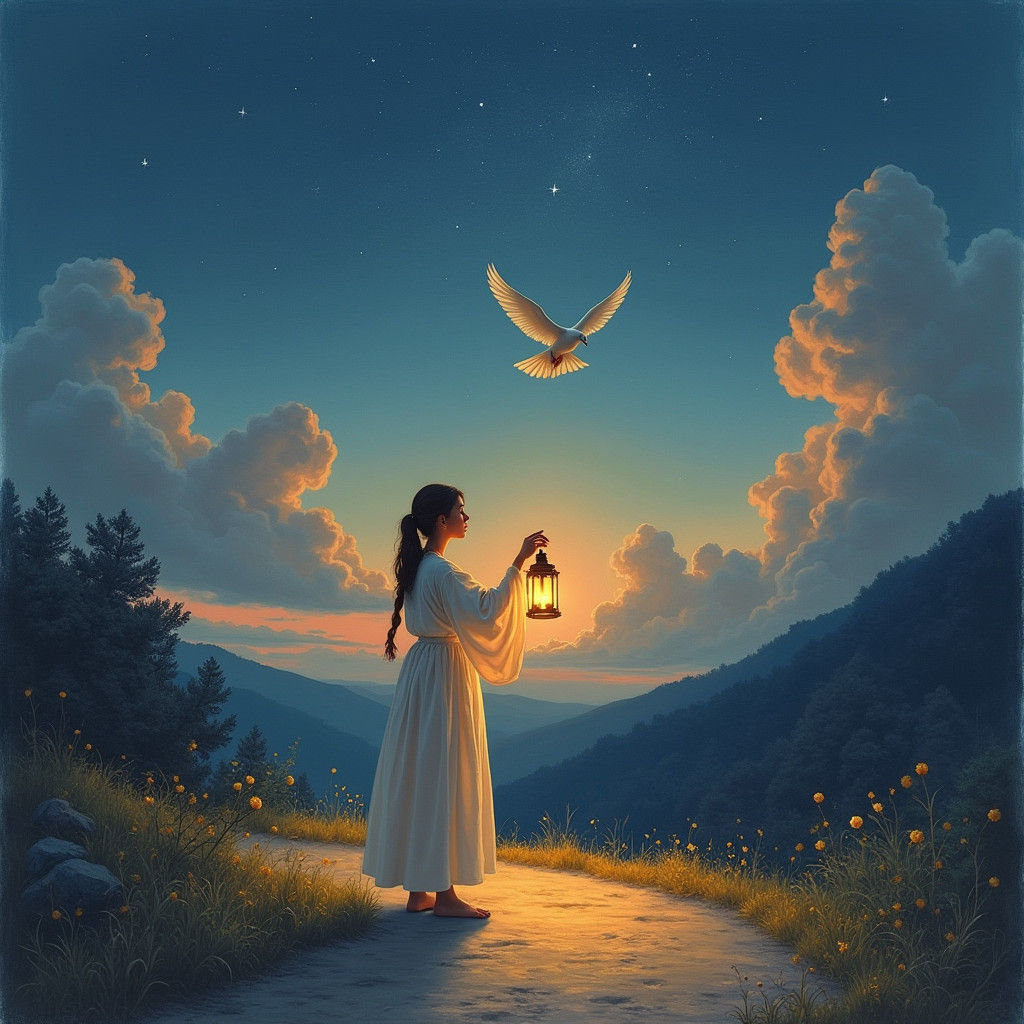 Figure with Lantern on Twilight Path, Pencil Drawing