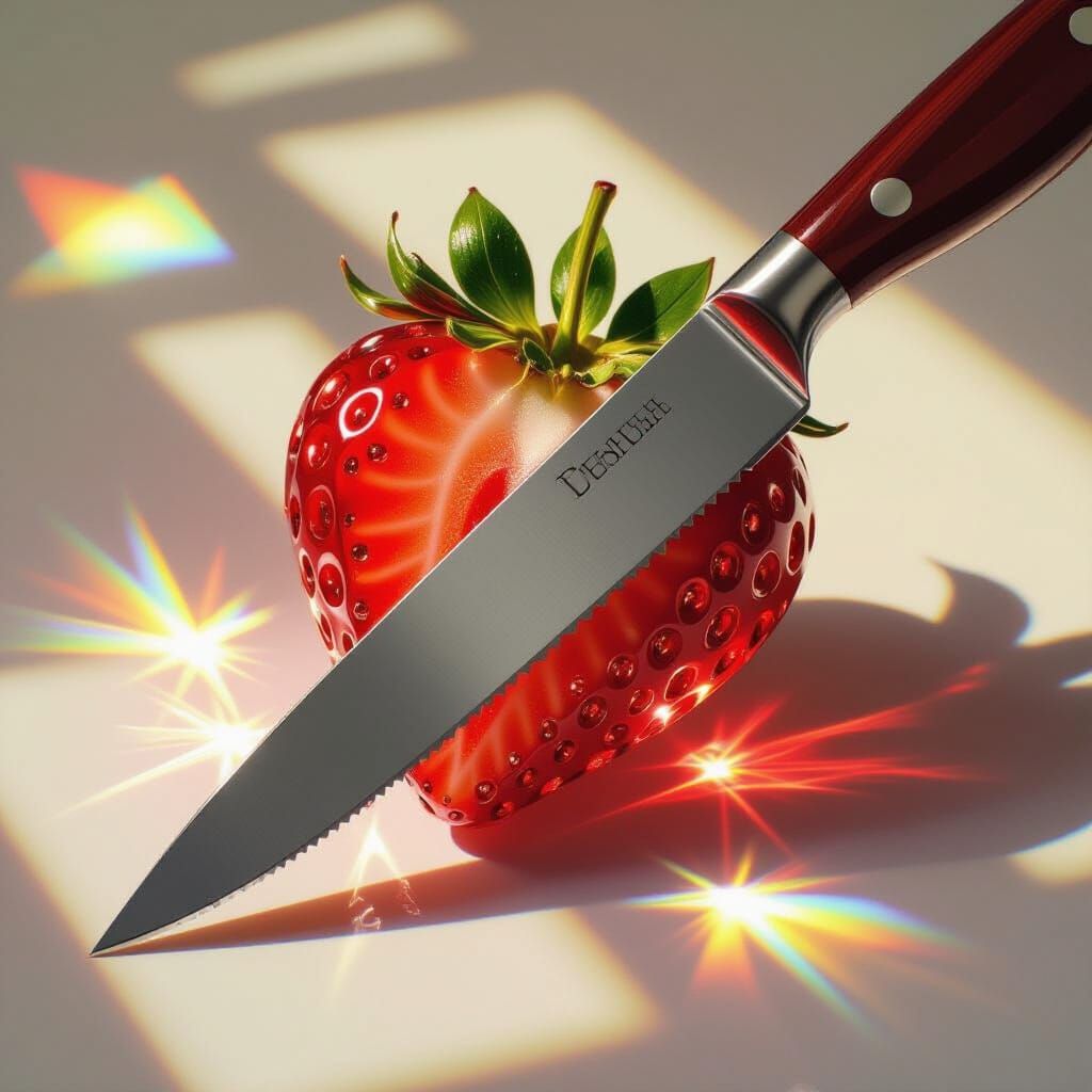 Glass Strawberry Sliced by Knife in Dramatic Light