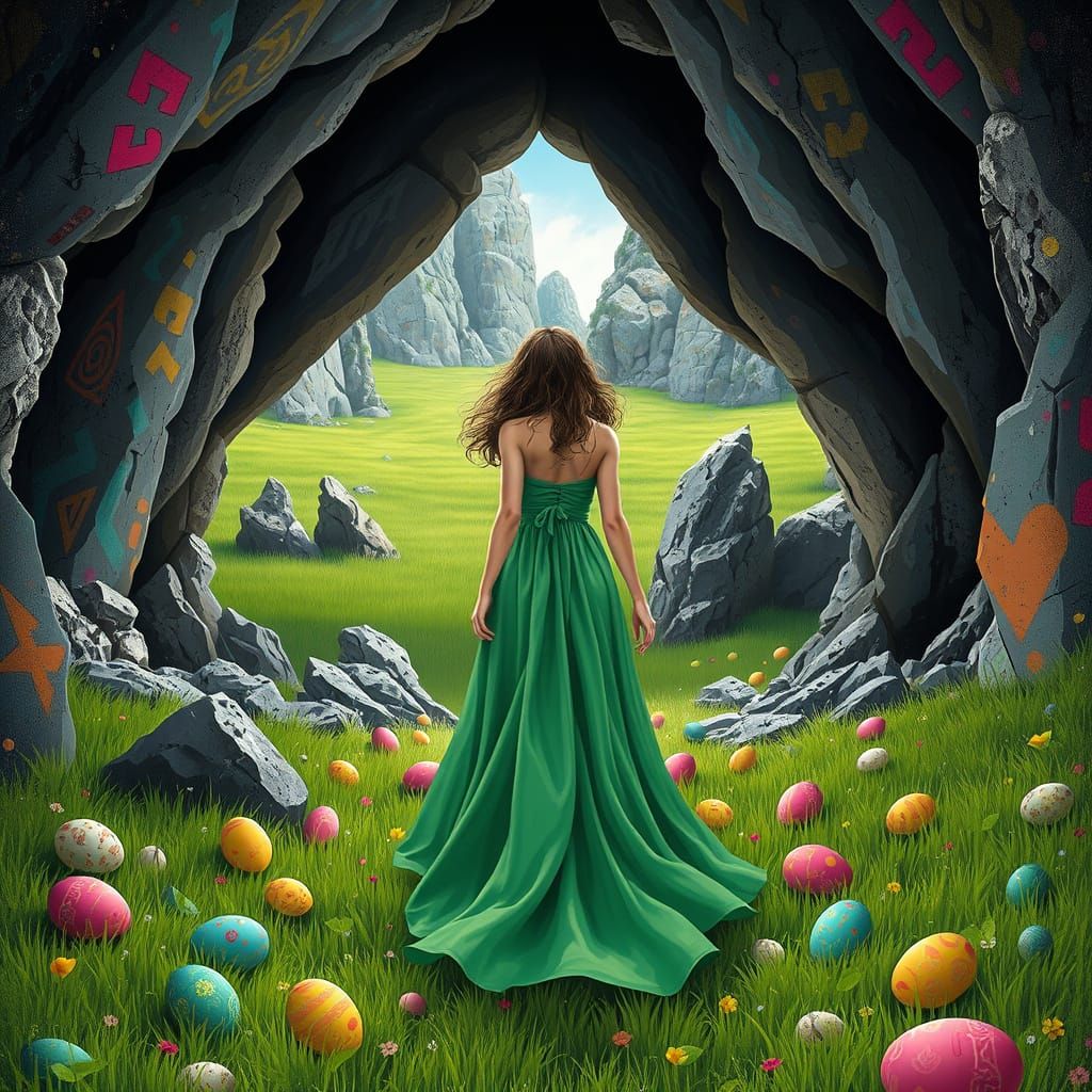 Girl in Green Dress Stands at Cave Entrance Amidst Vibrant E...