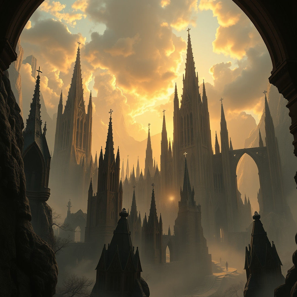 Ethereal Gothic Landscape in Gustave Doré Style