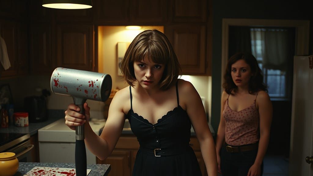 1970s Horror Film Still: Woman Wields Bloody Mallet