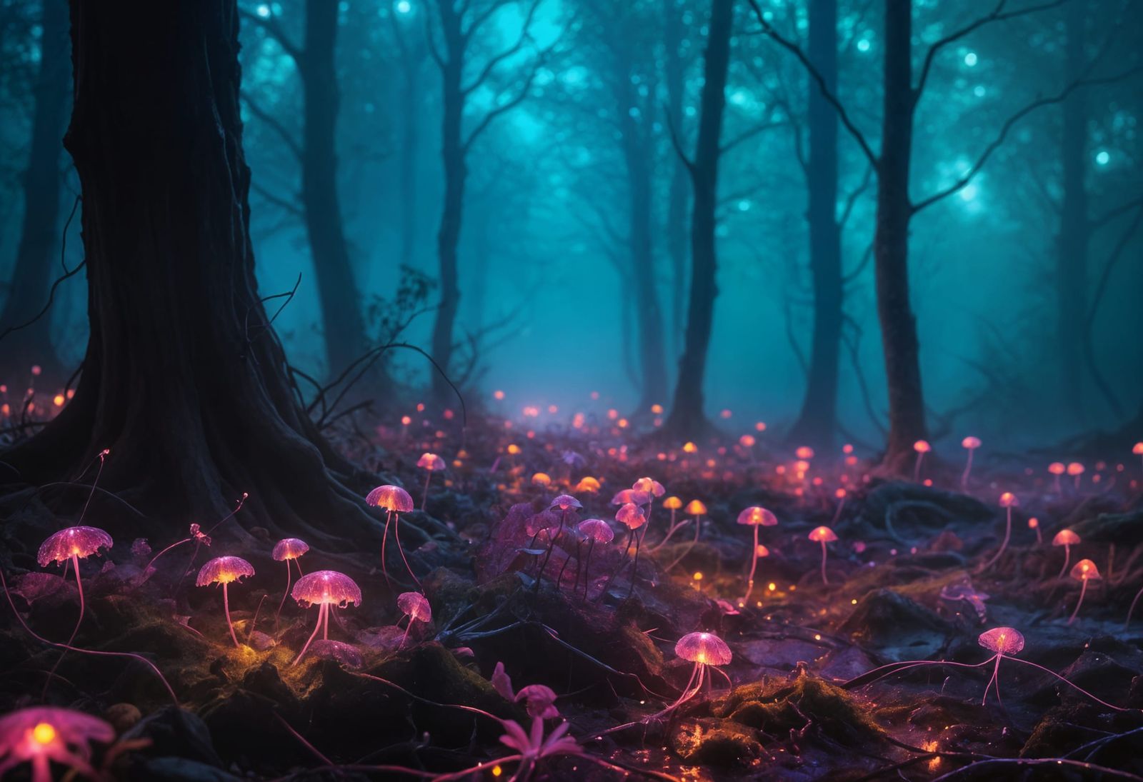 Enchanted Forest at Dusk with Fluorescent Veins
