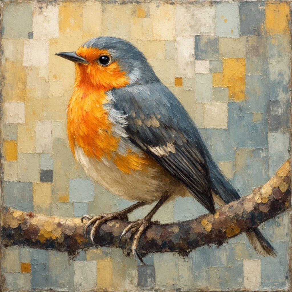 Colorful Robin on Branch in Impressionist Chalk Style