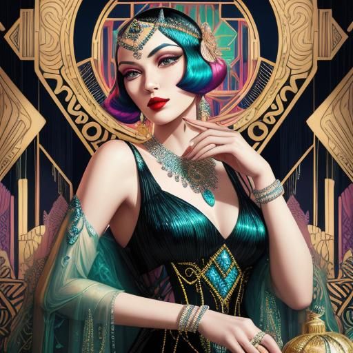 Glamorous Art Deco Burlesque Woman in Flapper Dress