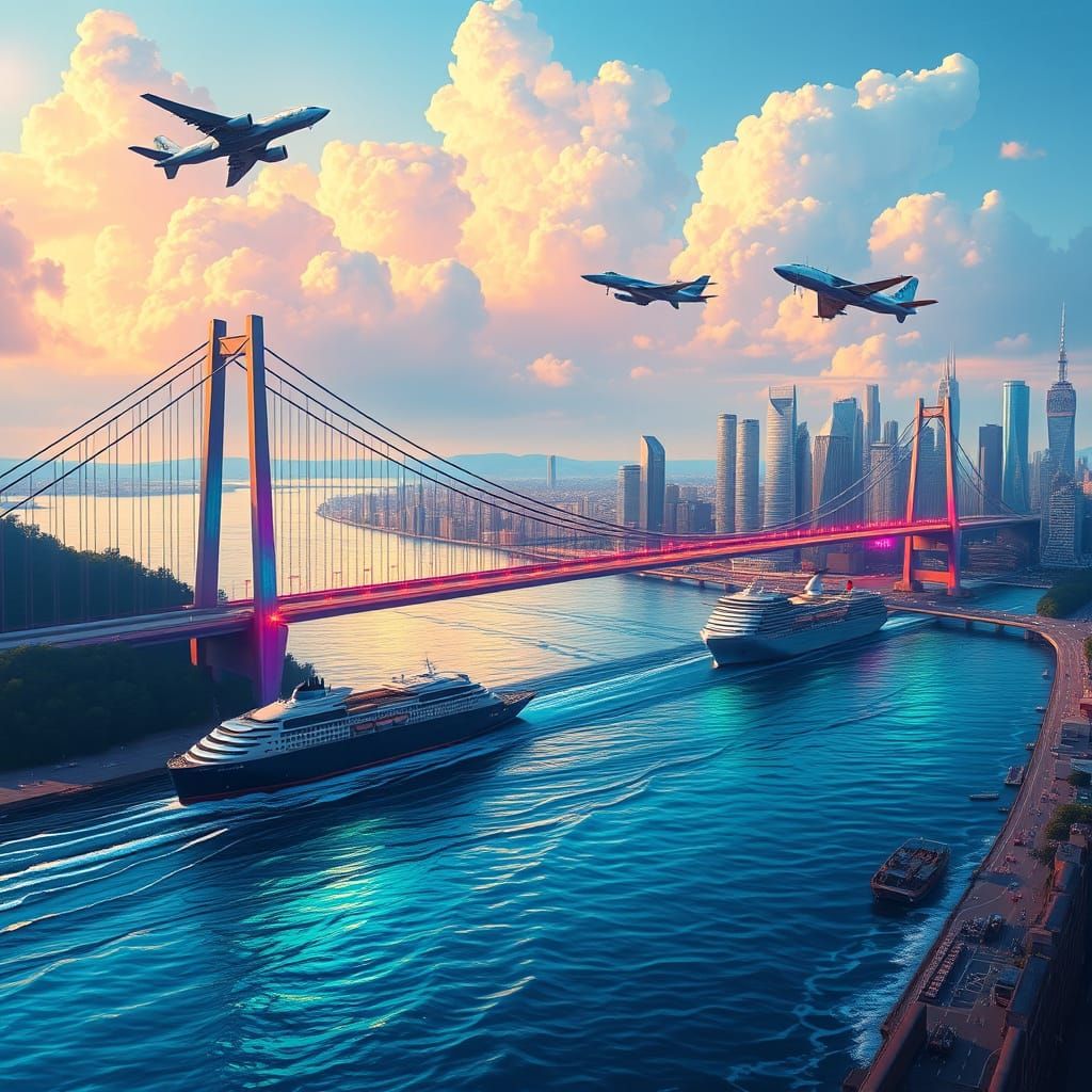 Cyberpunk Cityscape with Futuristic Suspension Bridge and Ne...
