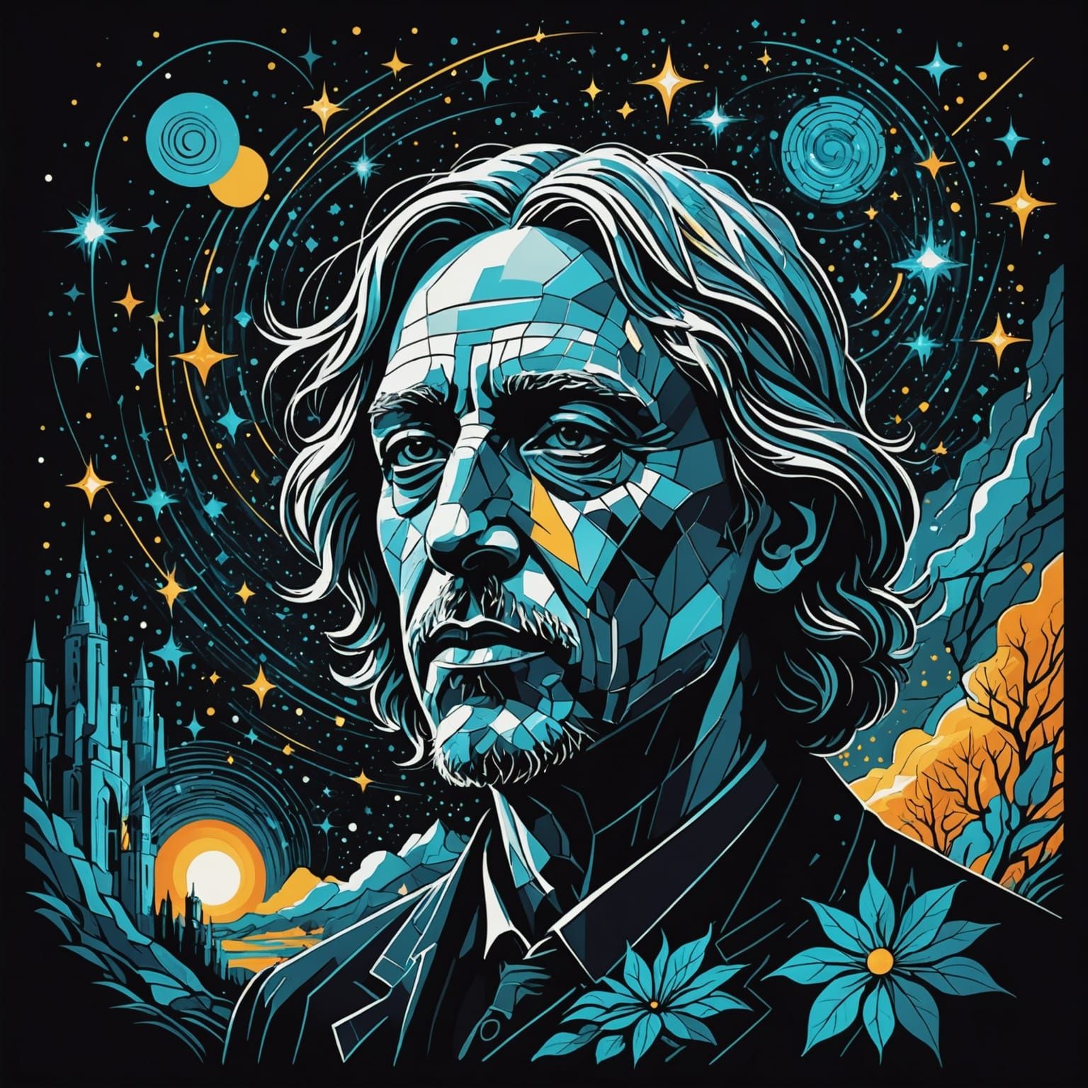 Cosmic Portrait with Shimmering Auras in Dramatic Light