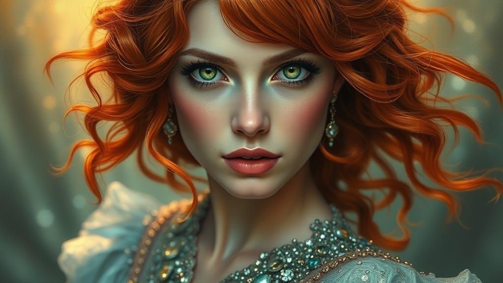 Redhead Woman in Glittering Dress with Green Eyes