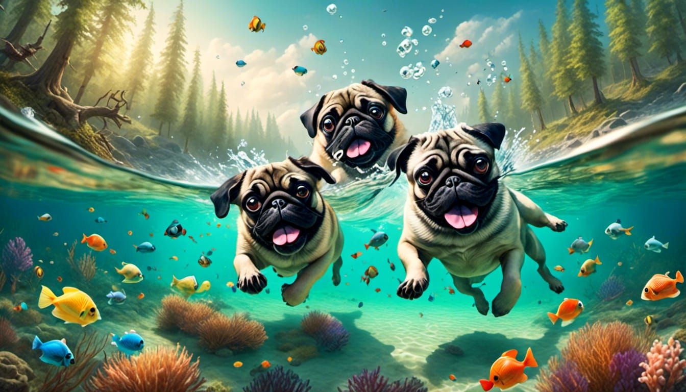 Two Pugs Swimming in Clear Water