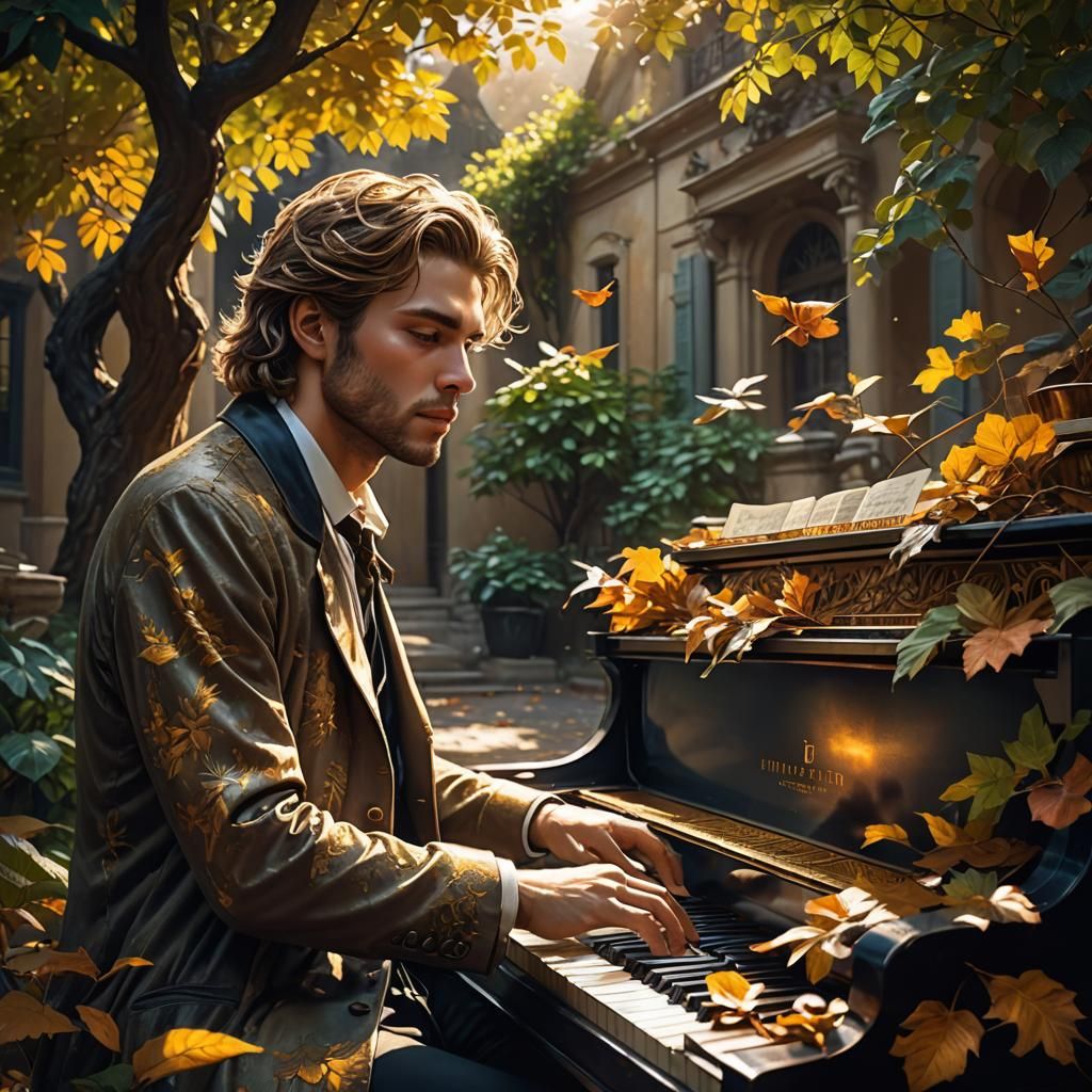 Courtyard Piano Player in Detailed Matte Painting Style