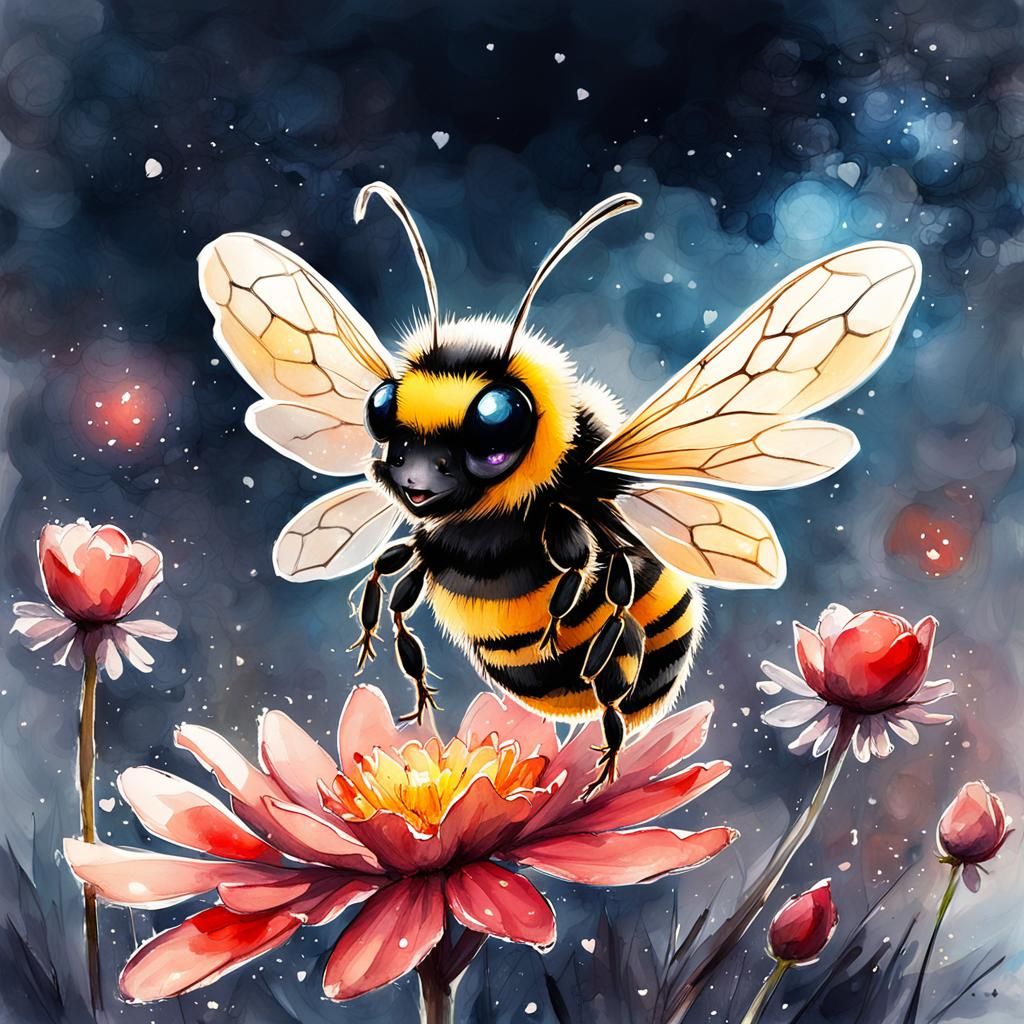 Chibi Bee Holding Heart: Digital Watercolor Illustration