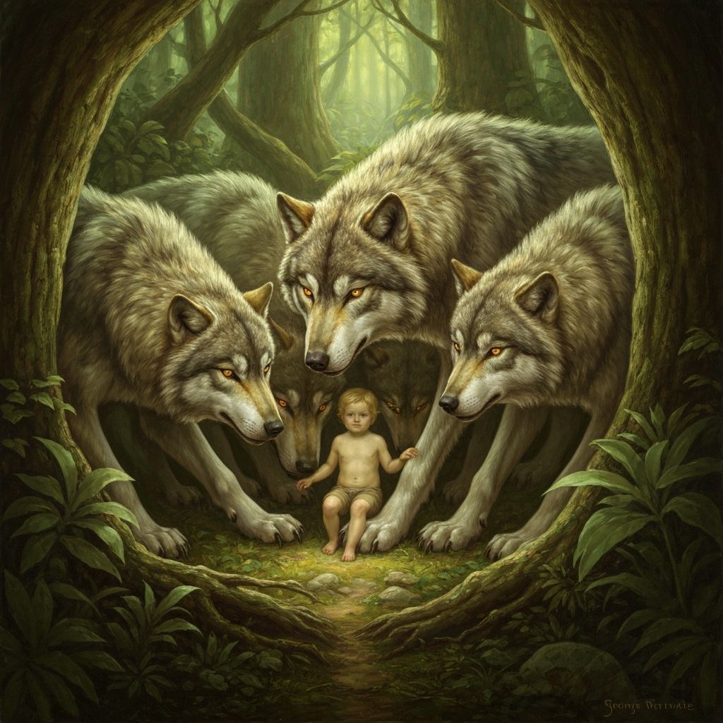 Dire Wolves Protect Human Child: A Pre-Raphaelite Painting