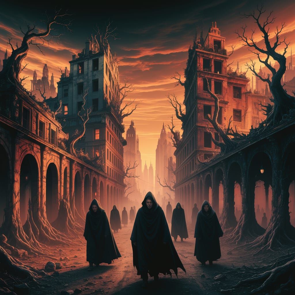 Surreal Post-Apocalyptic Cityscape in Amber and Orange