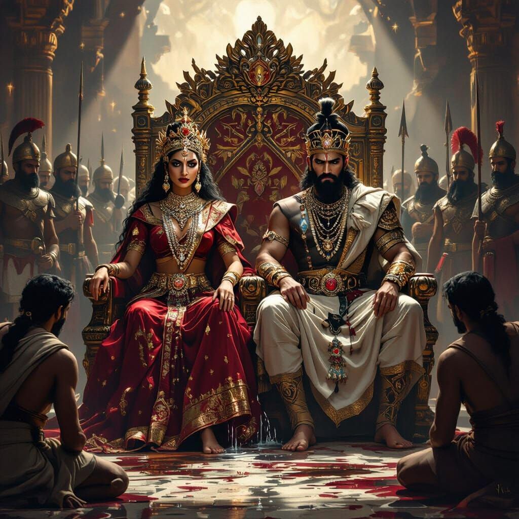 Indian Royalty on Throne with Adoring Subjects