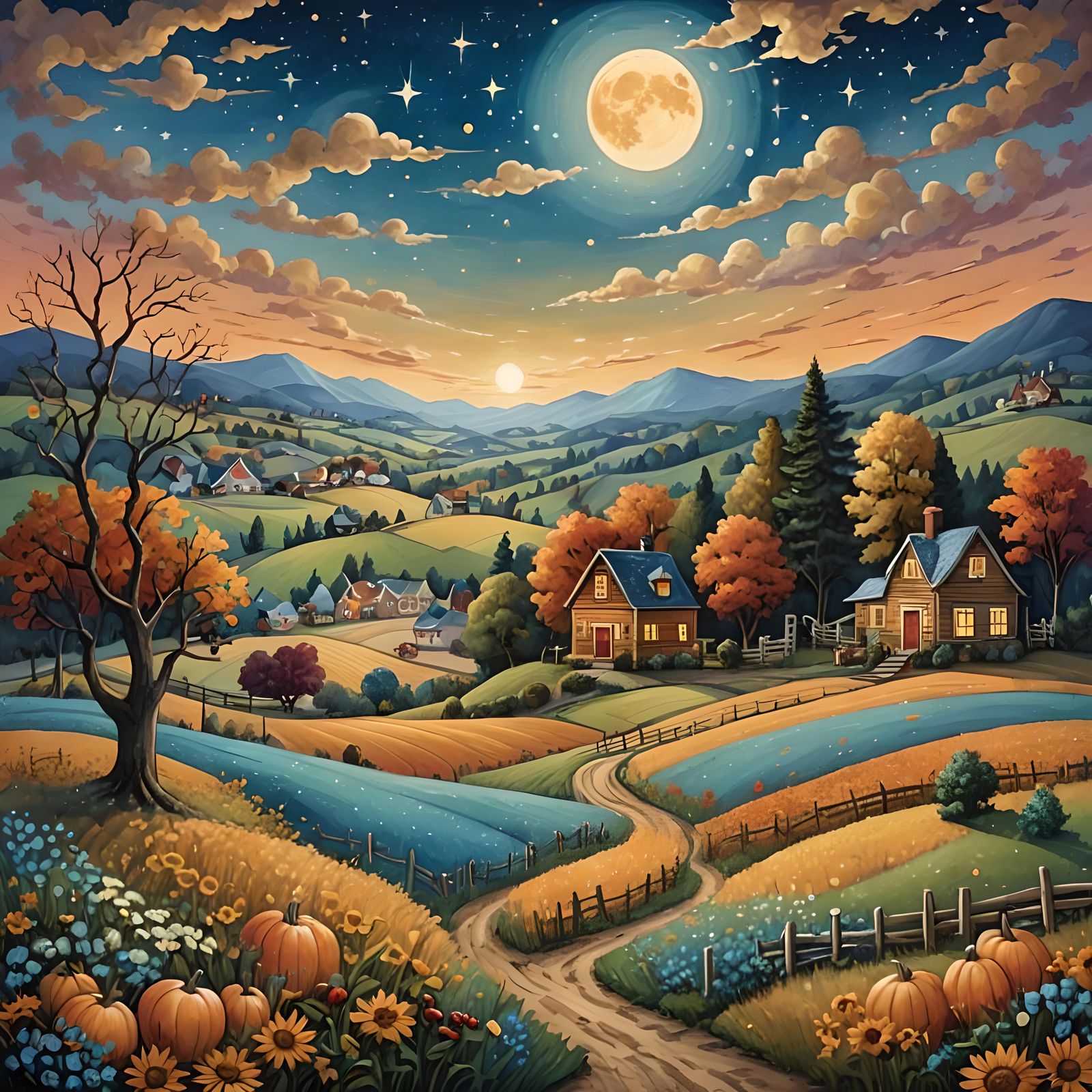 Harvest Moon Over Folk Art Landscape