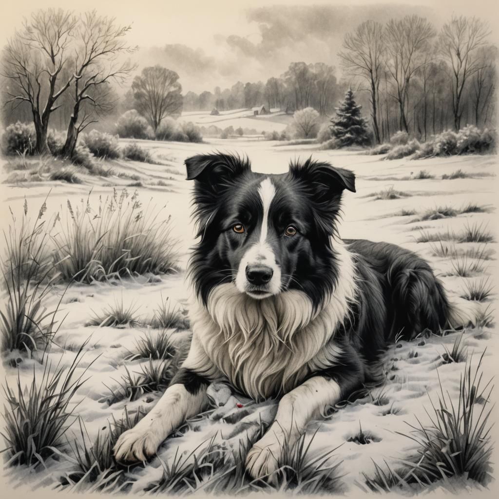 Border Collie in Winter Landscape Charcoal Drawing