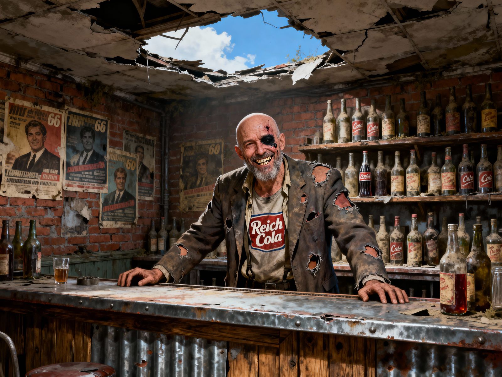 Post-Apocalyptic Bartender in Ruined Bar