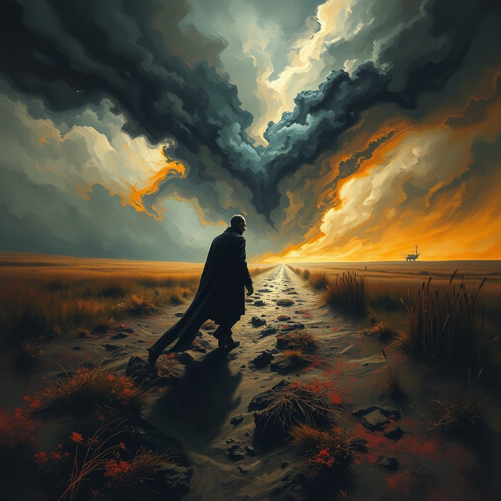 Desolate Figure in Stormy Fields, Darkly Expressive Style