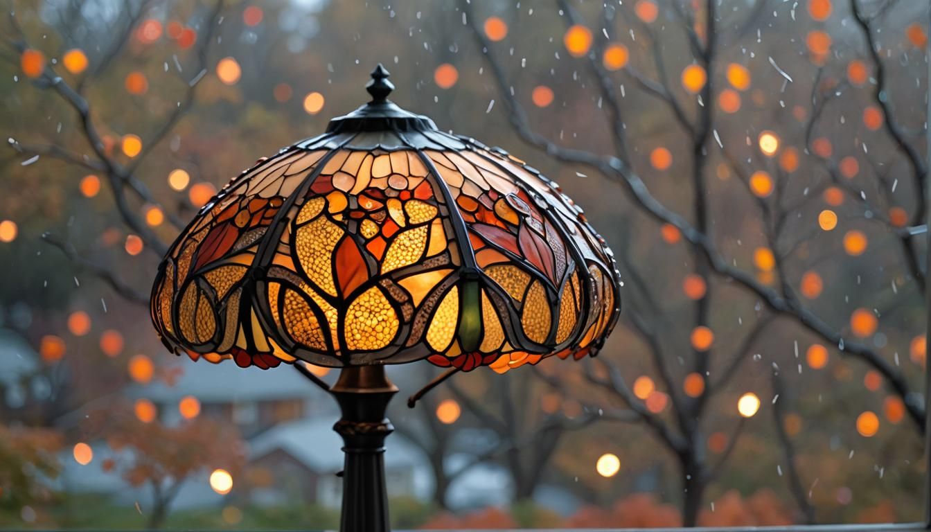 Art Deco Tiffany Lamp with Autumn Leaves and Rhinestones