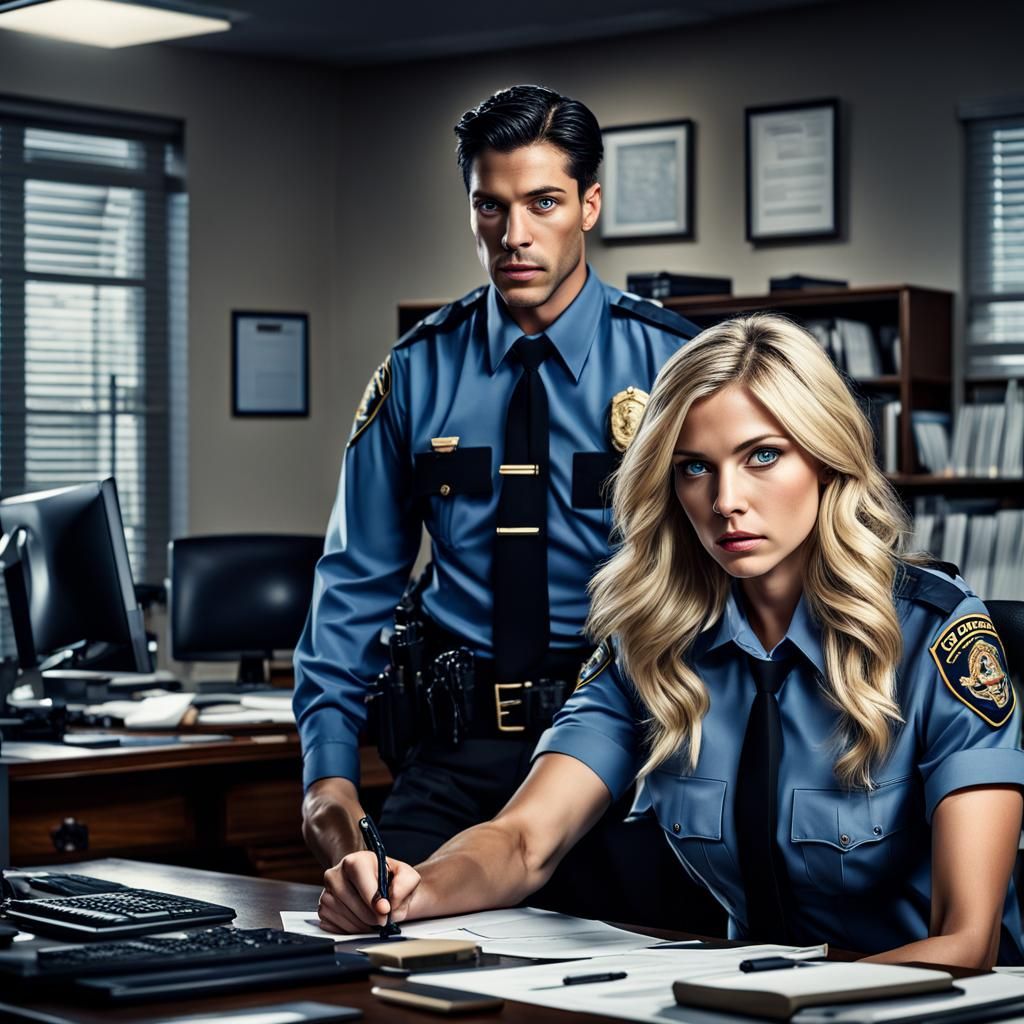 gorgeous blonde female detective & handsome black haired blue eyed detective working at their desks in police station  i...