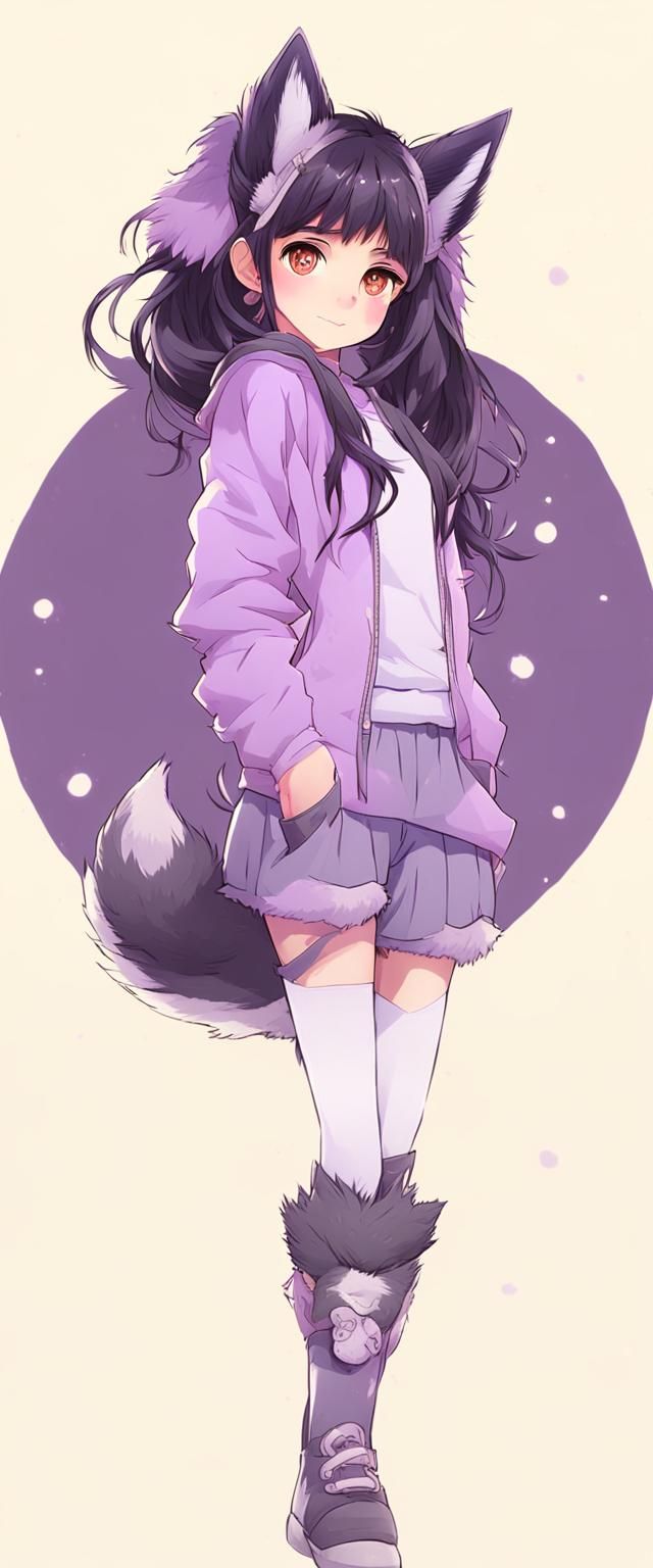 Cute Girl with Wolf Features in Purple Outfit
