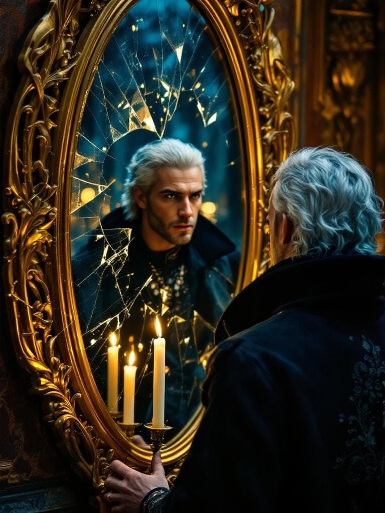 Nobleman and Cracked Mirror in Dark Fantasy Style