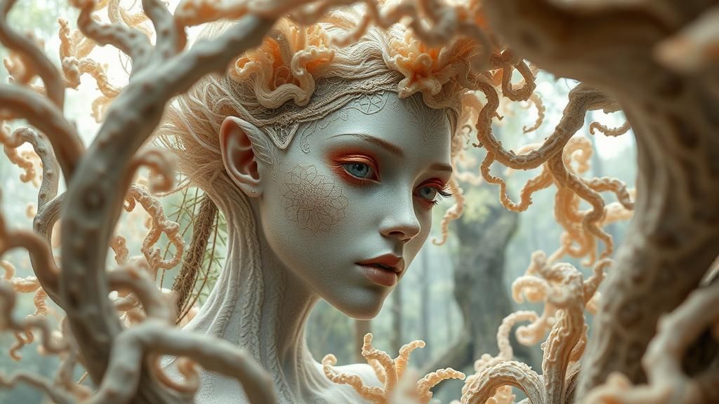 Ethereal Fate Hybrid in Mycelium Network, Dreamlike Art