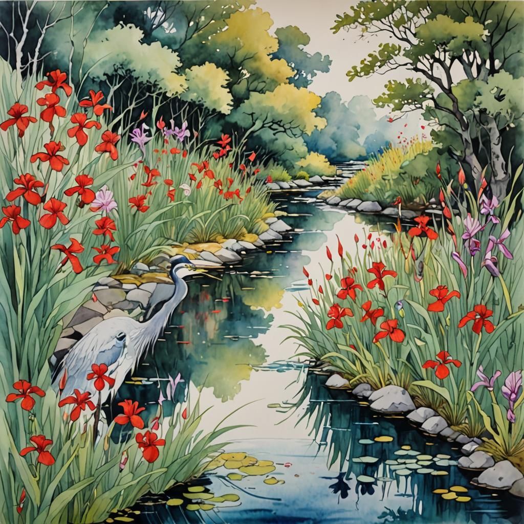 Heron and Girl in Stream, Minimalist Watercolor