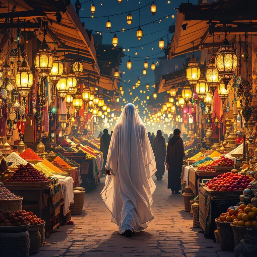 Mystical Arabian Night Market with Golden Lanterns