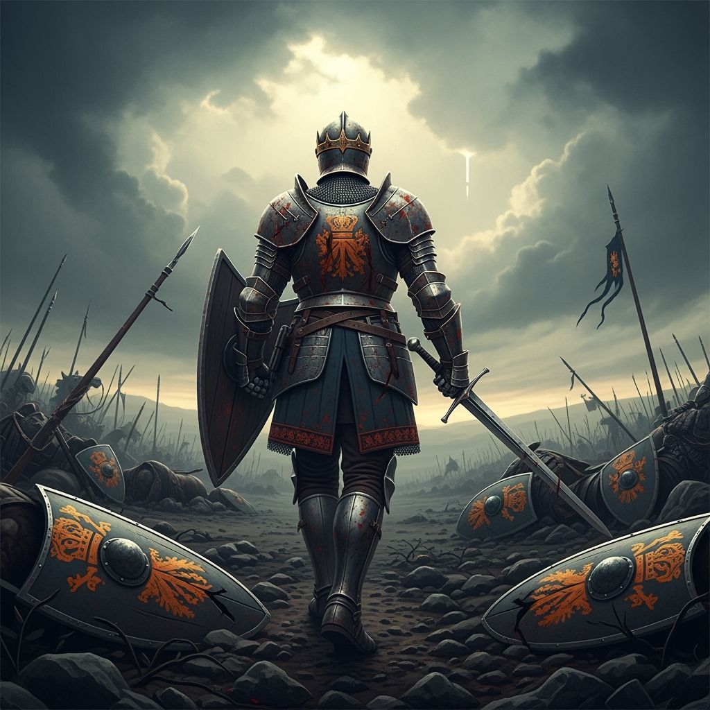 Worn Knight Leaving Devastated Battlefield