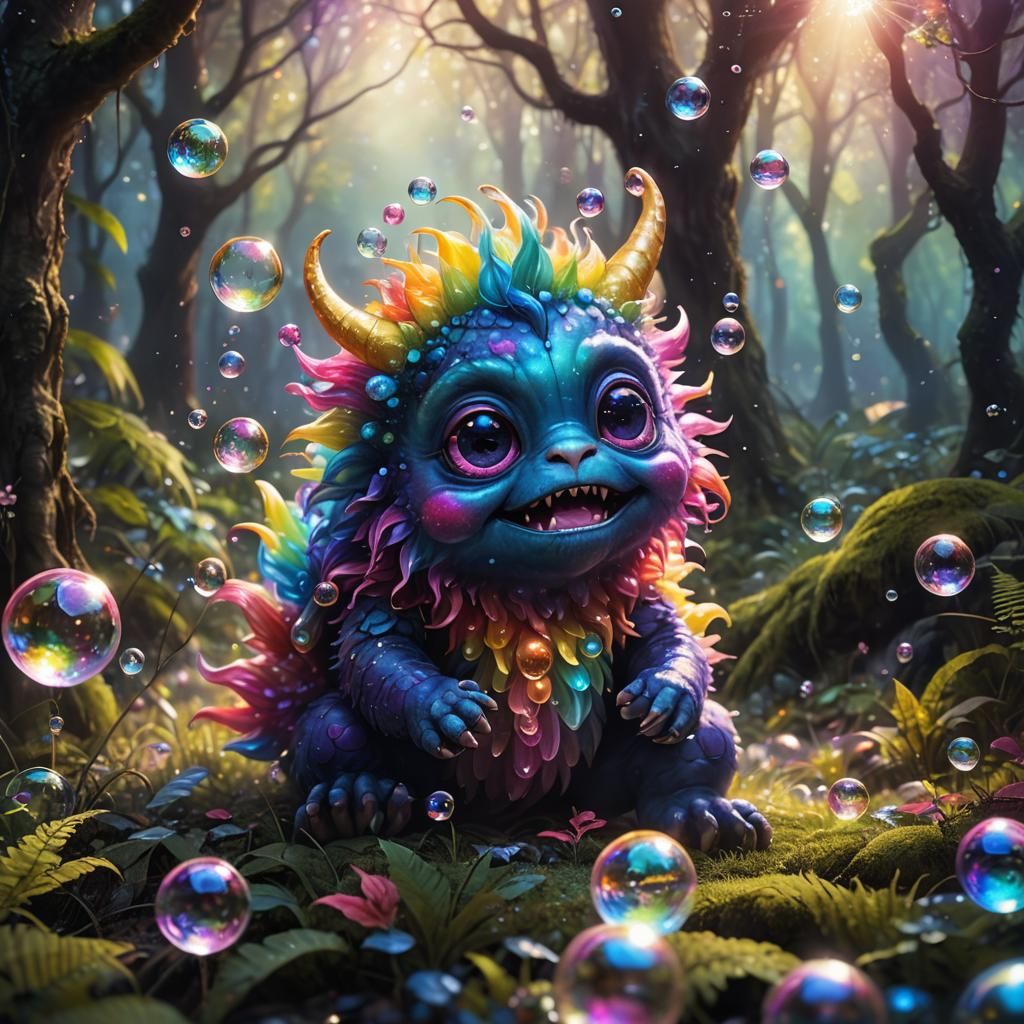 Rainbow Monster with Bubbles in Fantasy Forest