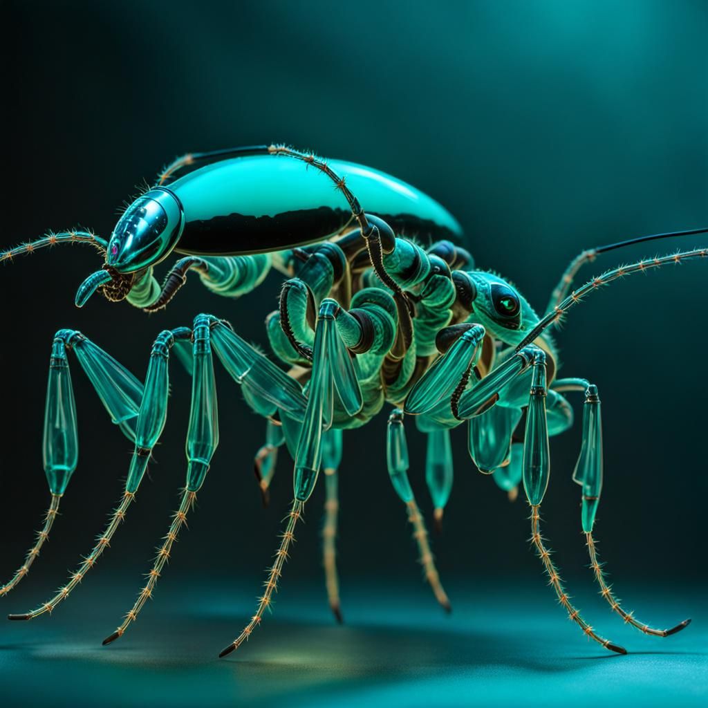 Bioluminescent Biomechanical Ant in Retrofuturistic Style