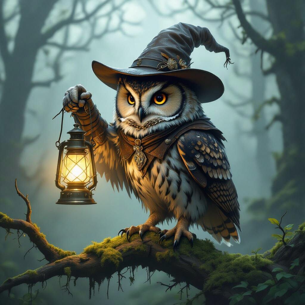 Anthropomorphic Owl Adventurer in Misty Forest