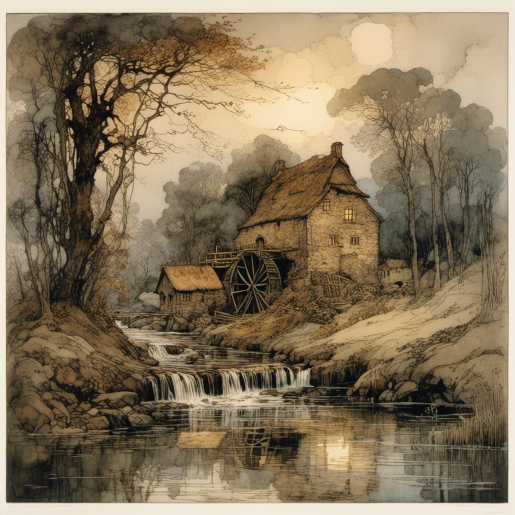 Historic Watermill in Evening Light, Golden Age Illustration