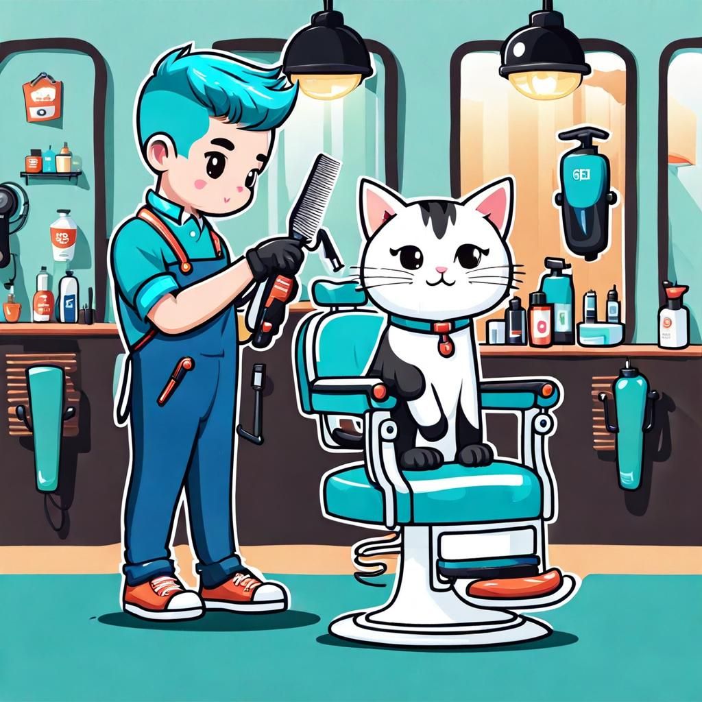 Cute chibi cat barber standing near chair, getting a fade ha...