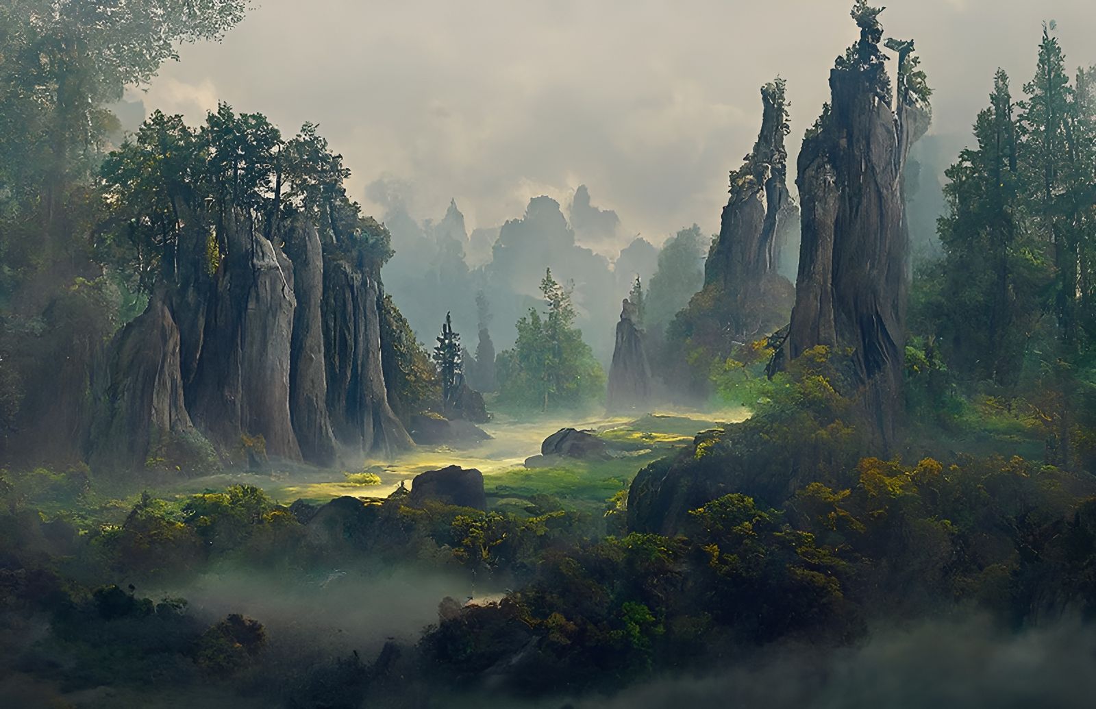 Misty Karst Forest Vista: Digital Illustration