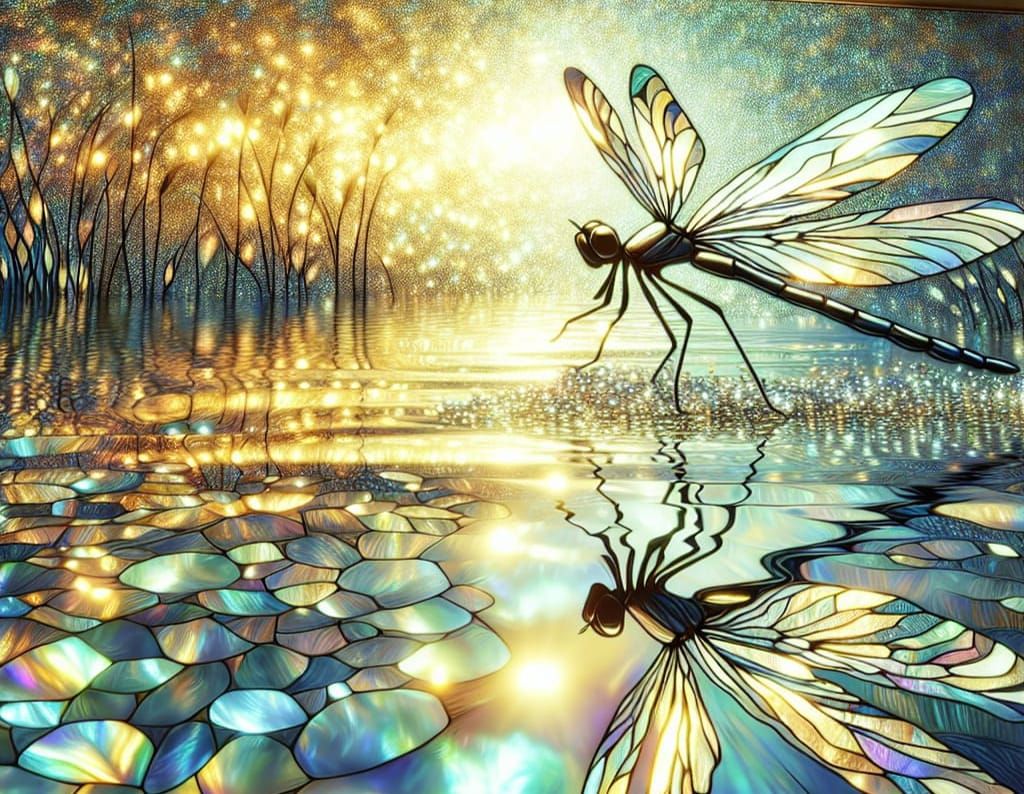 Iridescent Dragonfly Dancing Over Shimmering River