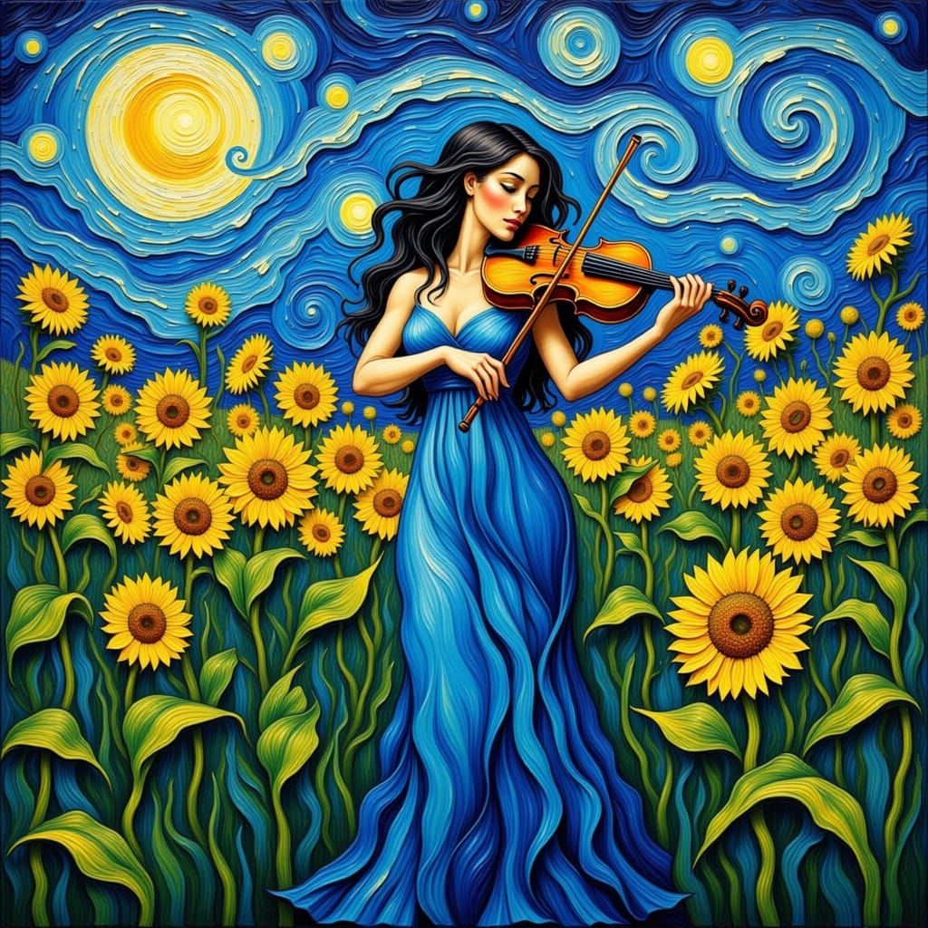 Woman with Violin Under Starry Sky as Impressionist Painting