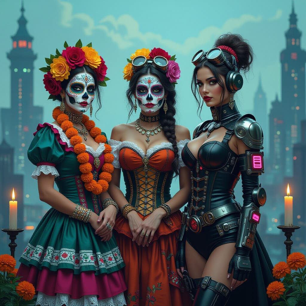Three Women in Day of the Dead, Steampunk, and Cyberpunk Sty...