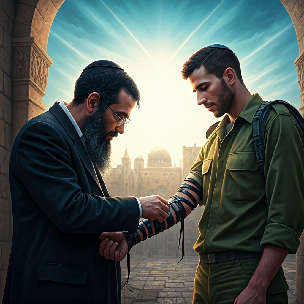 A Chabad Rabbi Places Tefillin on an IDF Soldier in Jerusale...