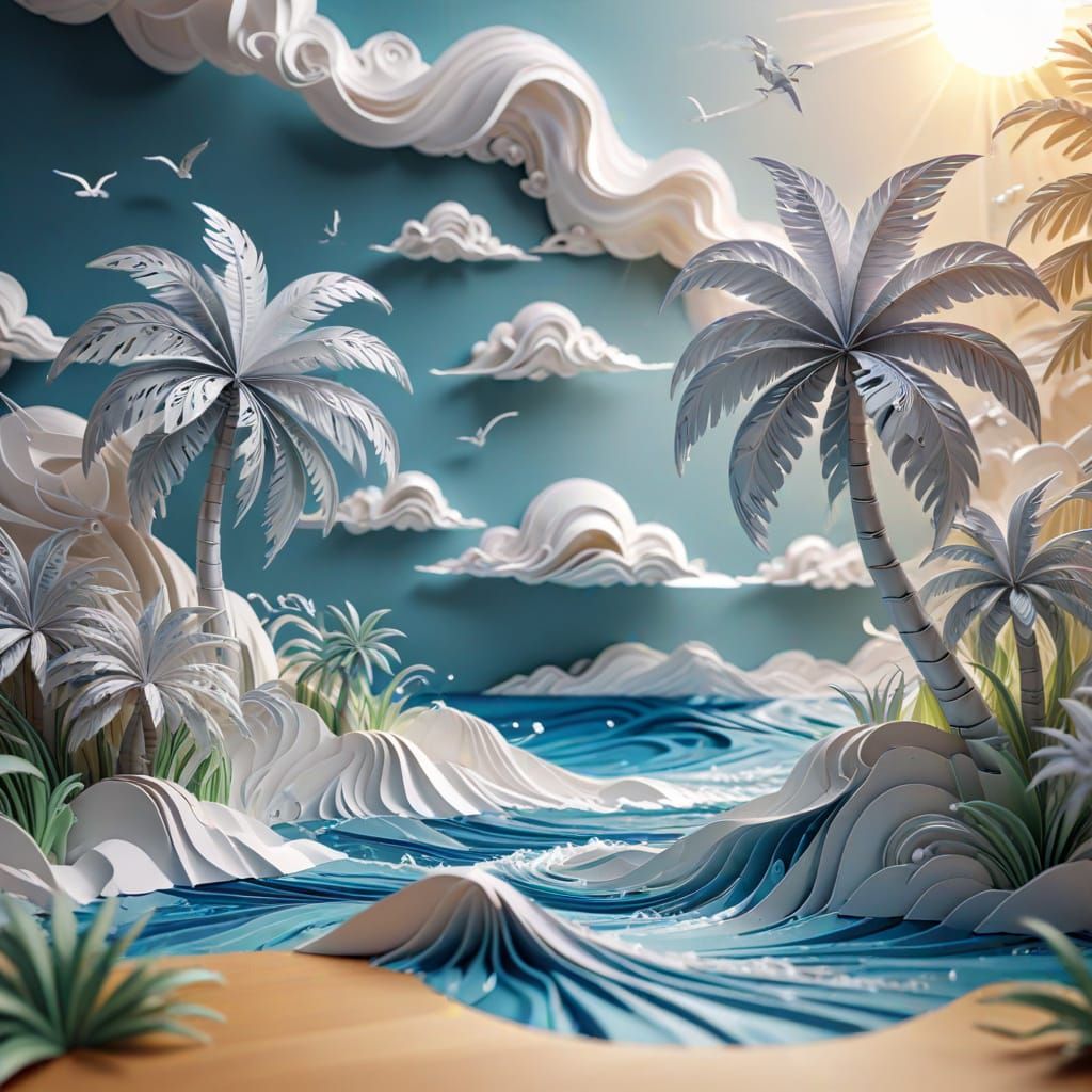 Island Beach Scene in Paper Art Style