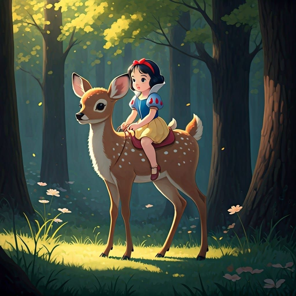 Snow White Rides a Deer: Studio Ghibli Style