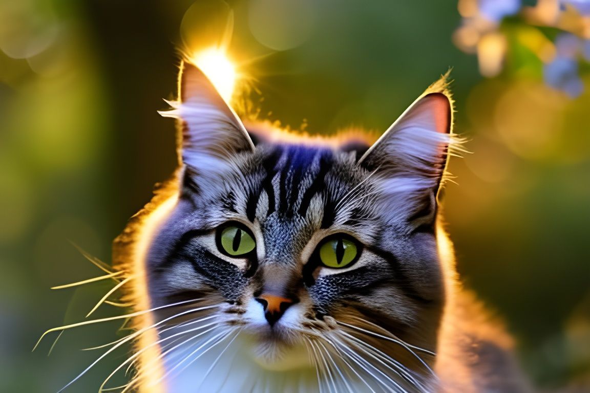 Fluffy Cat in Sunlit Fairy Forest