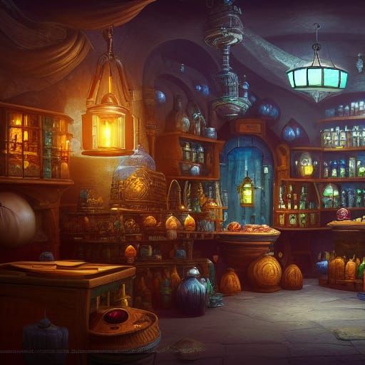 Fantastical Potion Shop Matte Painting in 8K