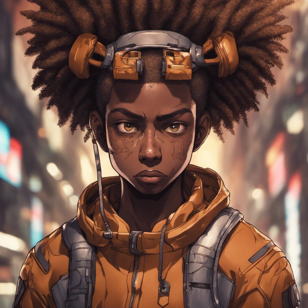 Anime Man with Afro Puffs in Cyber Suit