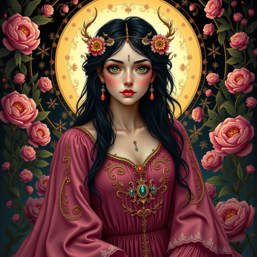 Gothic Goddess Amidst Vibrant Peonies