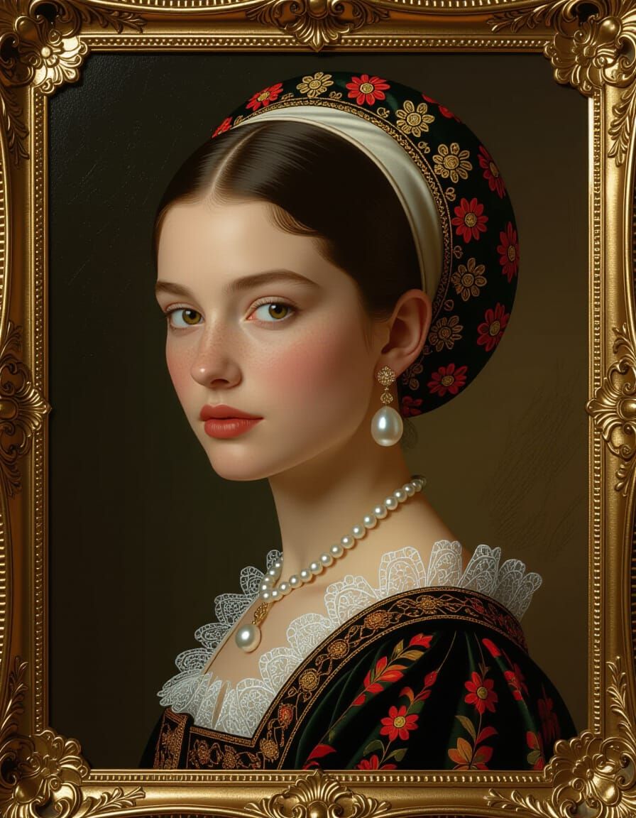 Ornate Pearl Earring Portrait in Masterful Artistic Blend