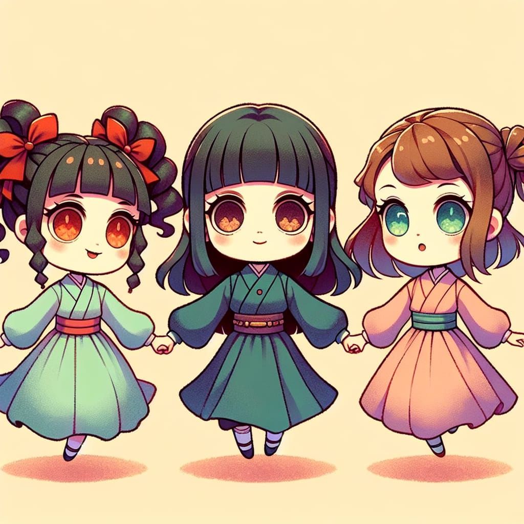 Kawaii Powerpuff Girls Soaring in Japanese Manga Style