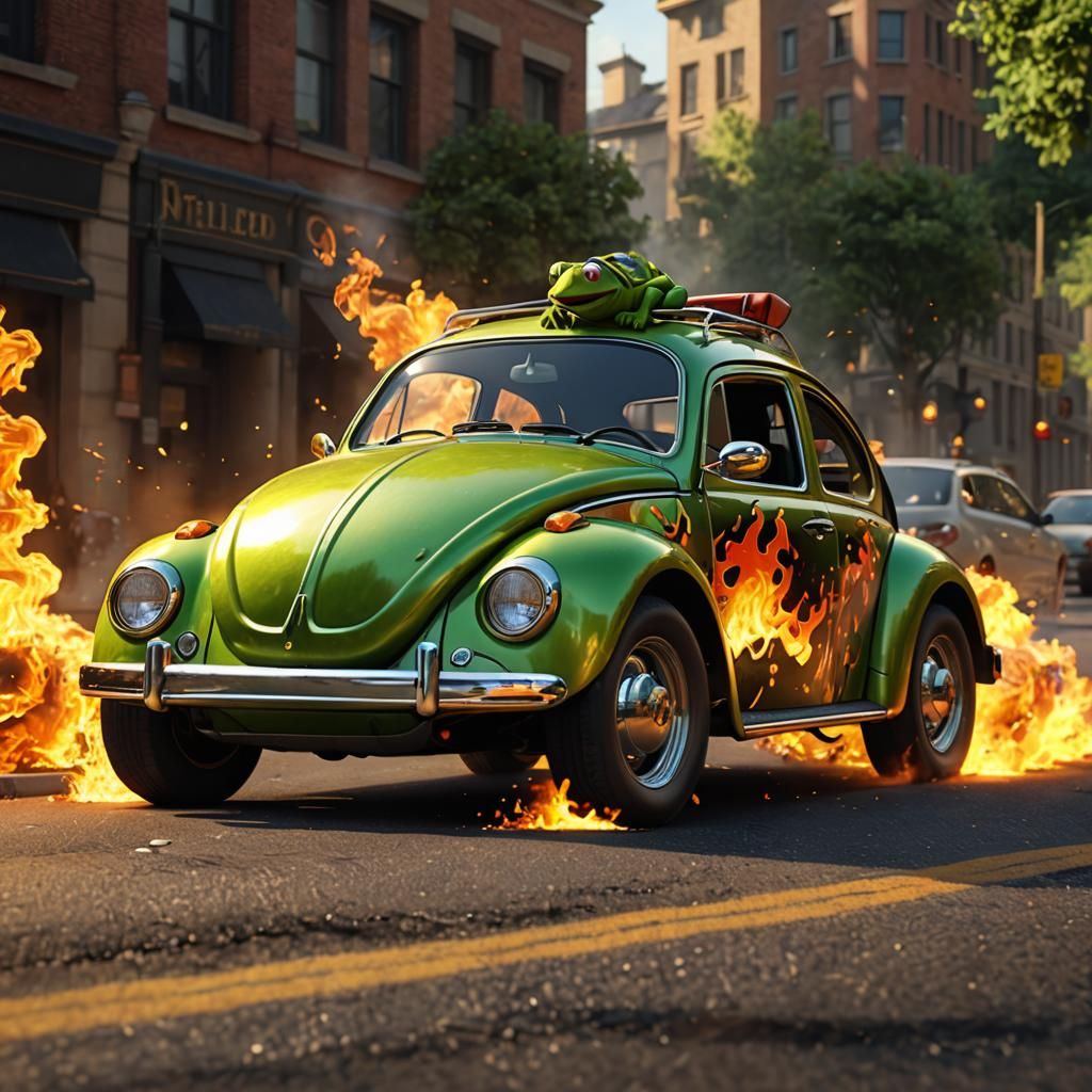 Kermit Drives Herbie Through Flames: Pixar-Style 3D Renderin...